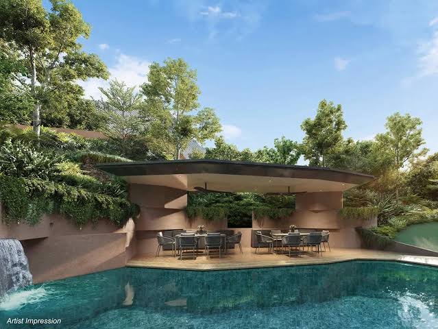 Artist's impression of a poolside pavilion with dining tables