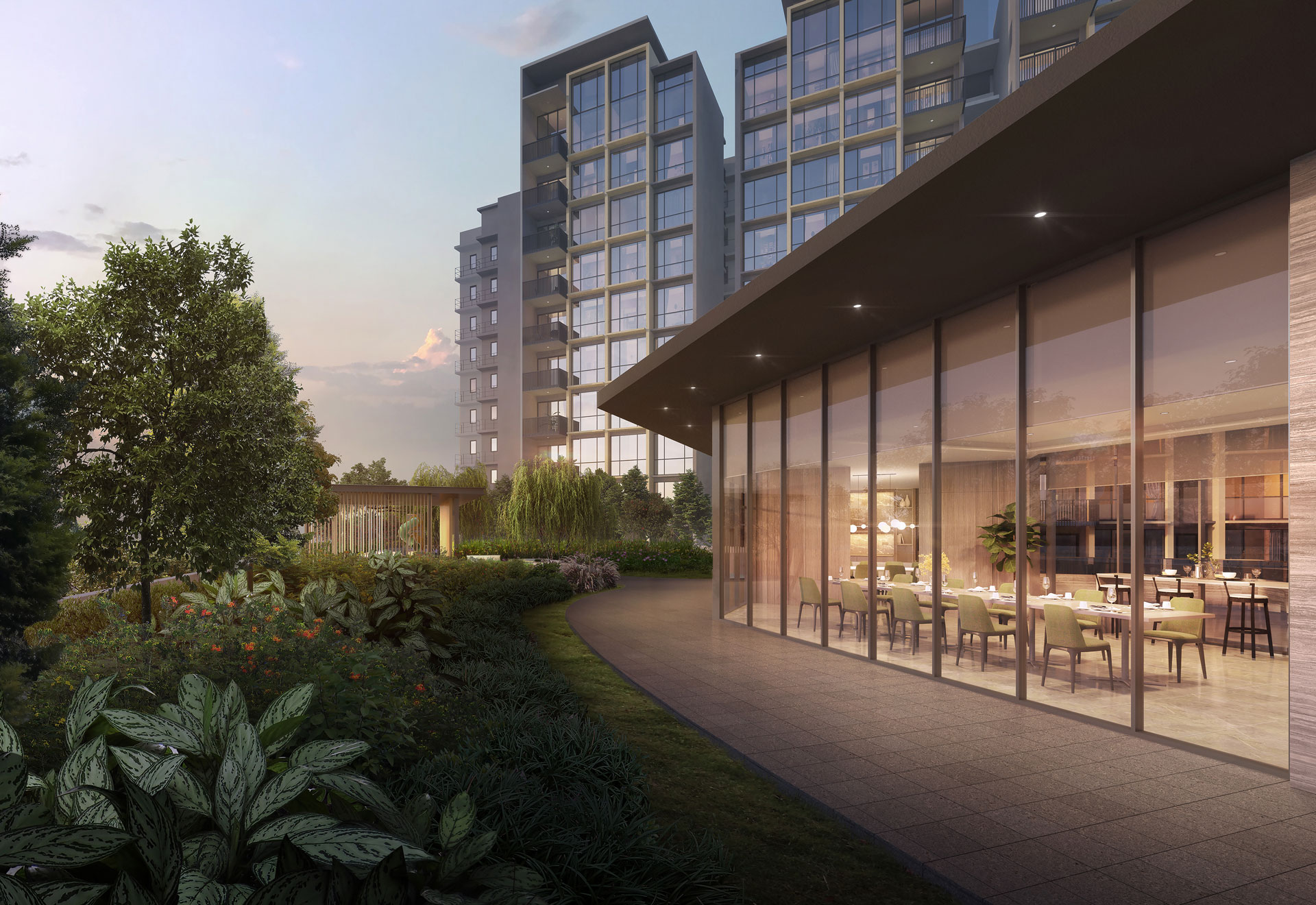 Artist's impression of the clubhouse dining room and residential towers at dusk