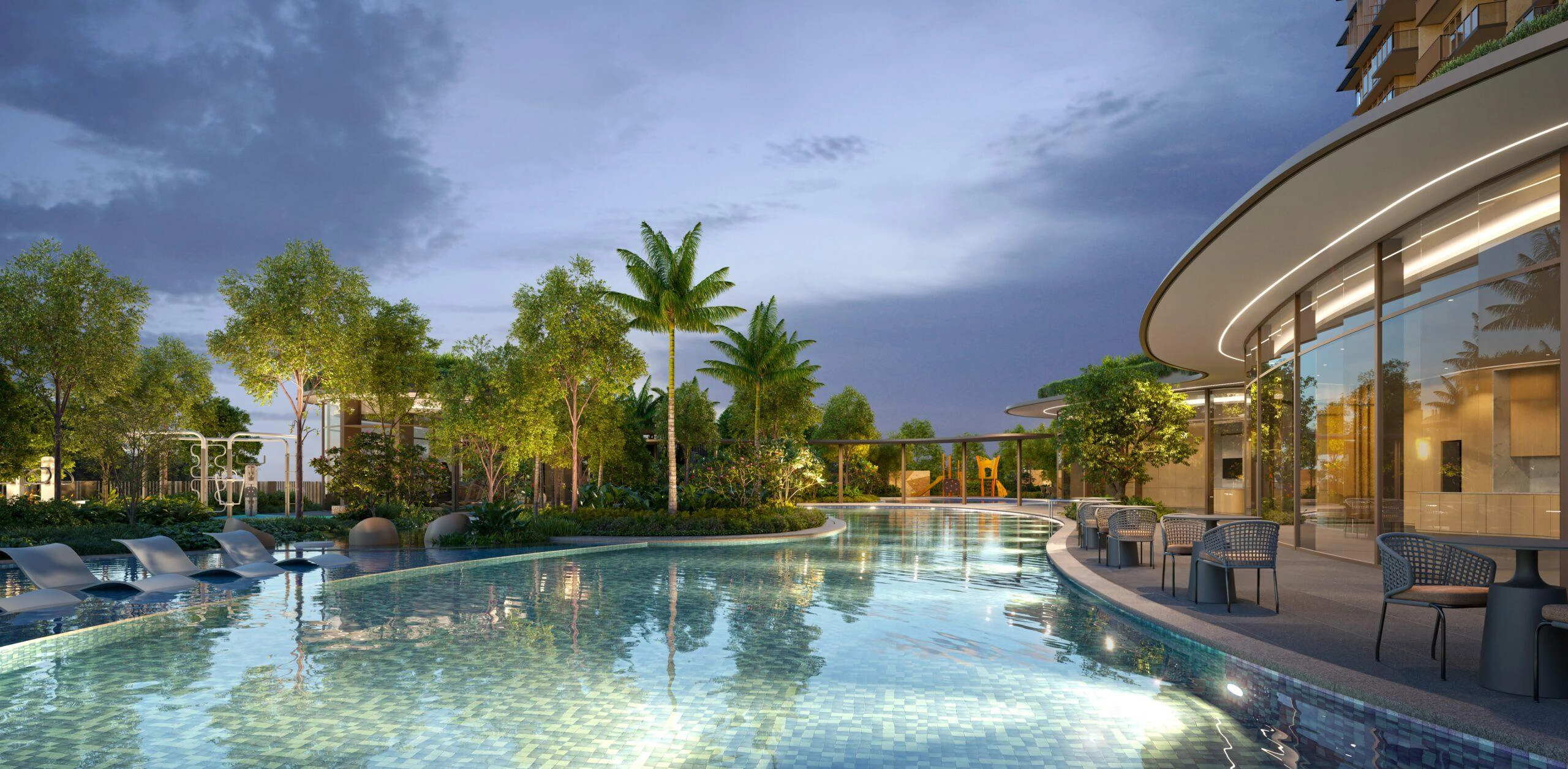 Artist's impression of the pool at dusk beside the clubhouse