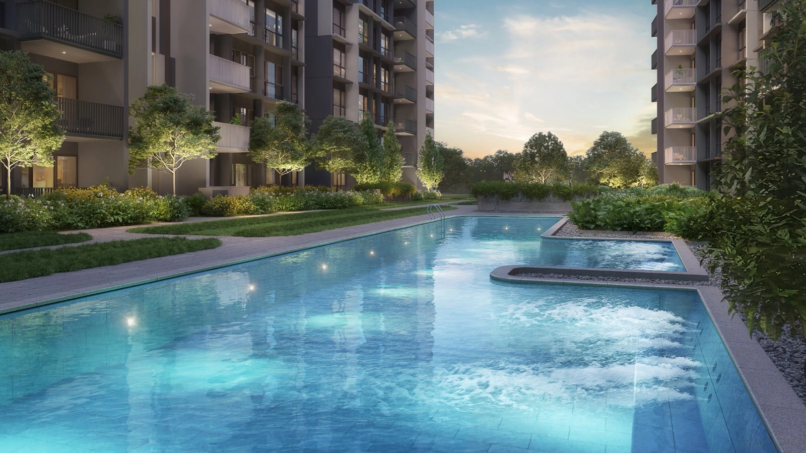 Artist's impression of a long pool lit at dusk between residential blocks